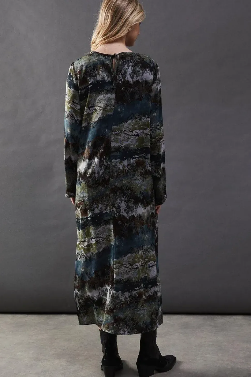 Print Satin Gathered Side Column Midi Dress