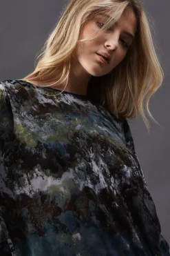 Print Satin Gathered Side Column Midi Dress