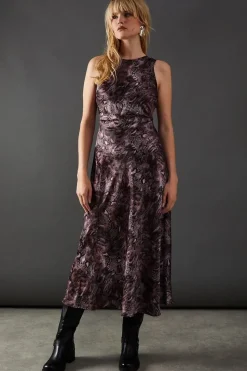 Print Satin Racer Neck Bias Midi Slip Dress