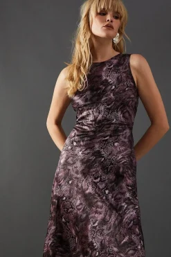 Print Satin Racer Neck Bias Midi Slip Dress