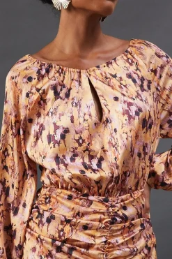 Print Satin Ruched Front Midi Dress