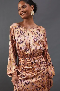 Print Satin Ruched Front Midi Dress
