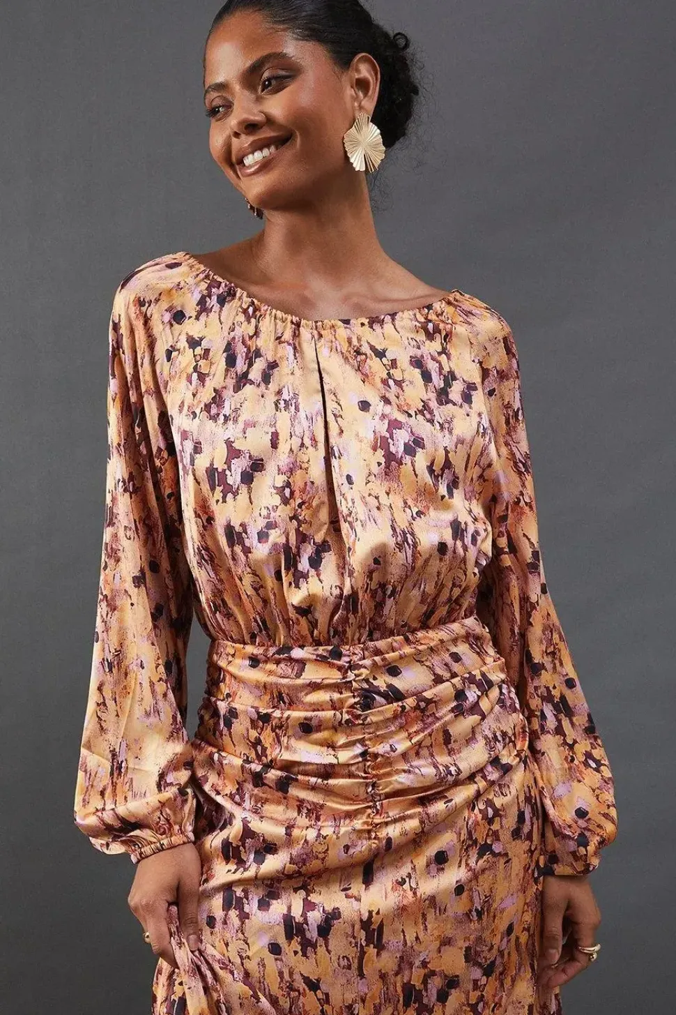 Print Satin Ruched Front Midi Dress
