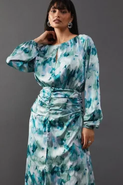 Print Satin Ruched Front Midi Dress