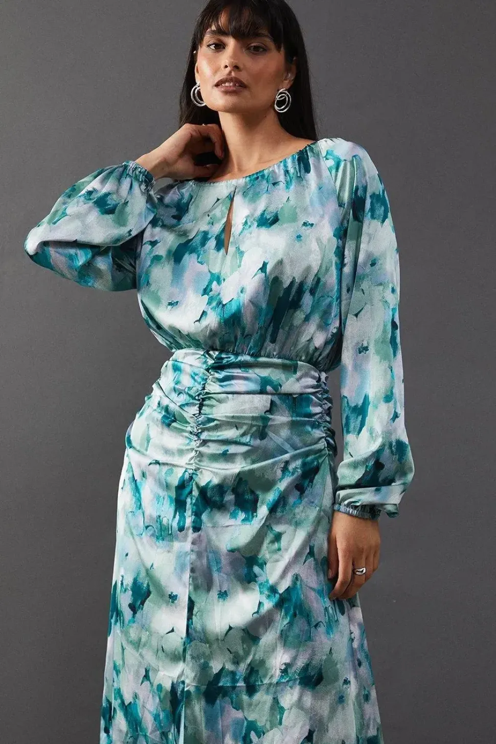 Print Satin Ruched Front Midi Dress