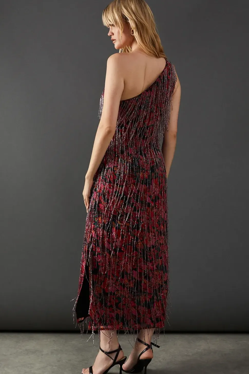 Print Sequin Fringe Embellished One Shoulder Midi Dress