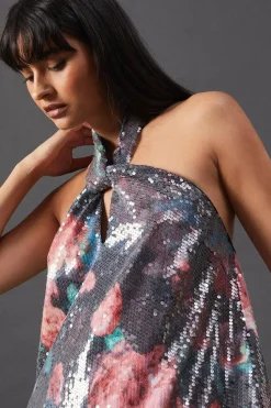 Print Sequin Halter Feather Hem Mini Dress