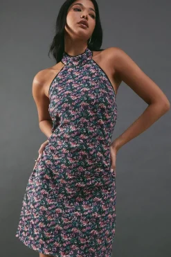 Print Sequin Lace High Neck Halter Mini Dress