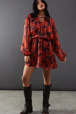 Print Shadow Stripe Volume Sleeve Mini Dress
