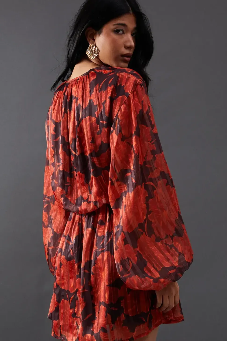 Print Shadow Stripe Volume Sleeve Mini Dress
