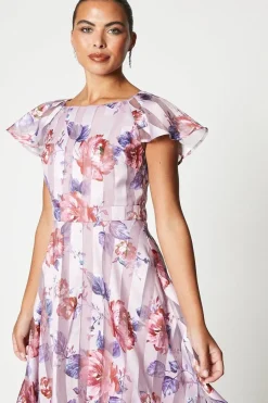 Print Stripe Organza Pleat Shoulder Midi Dress