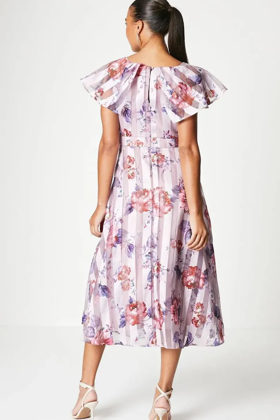 Print Stripe Organza Pleat Shoulder Midi Dress