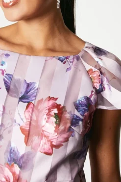 Print Stripe Organza Pleat Shoulder Midi Dress