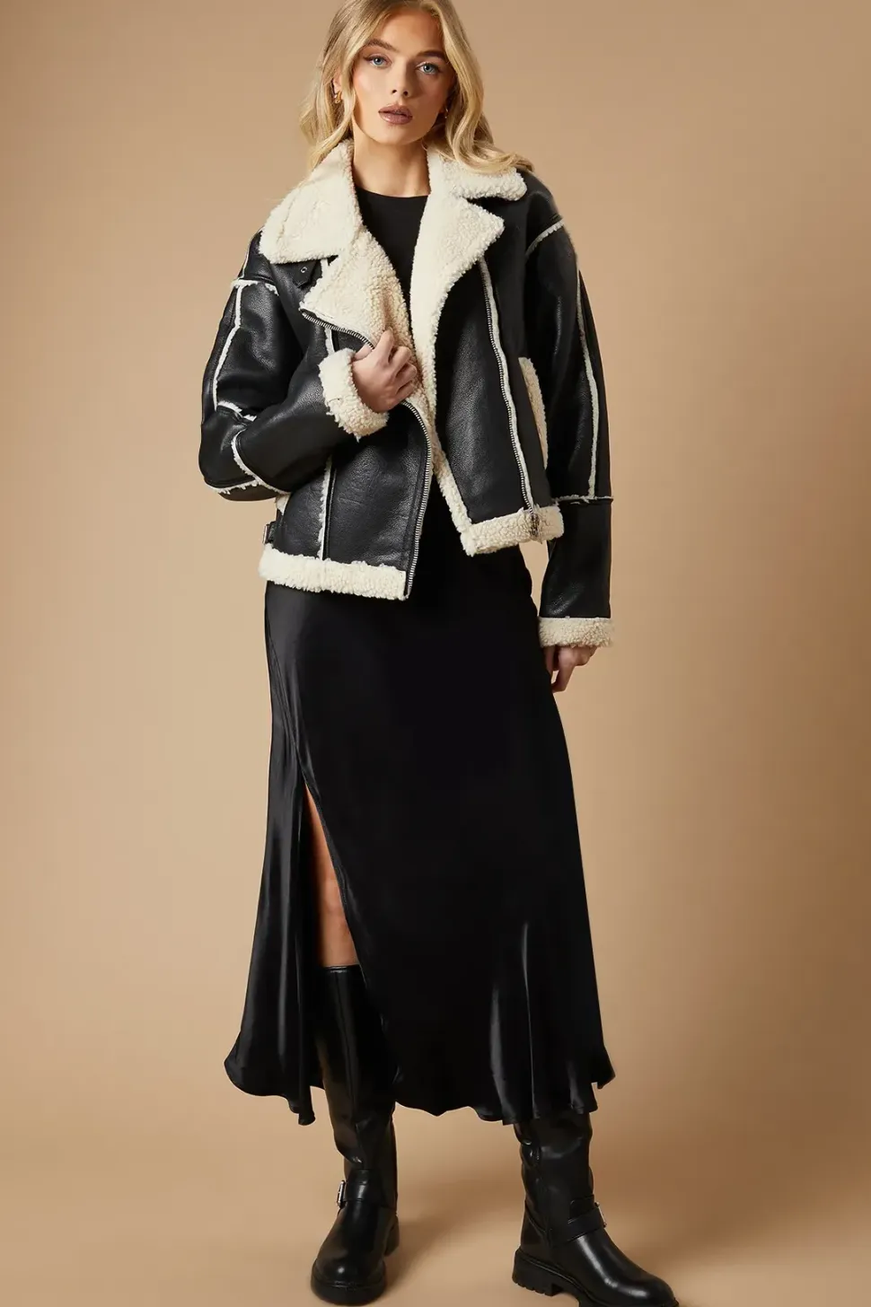 PU Borg Detail Collared Zip Jacket