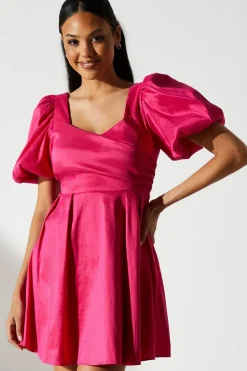 Puff Sleeve Full Skirted Mini Dress with Tie Back
