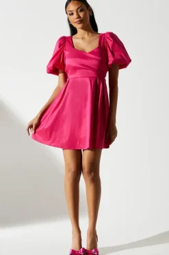Puff Sleeve Full Skirted Mini Dress with Tie Back