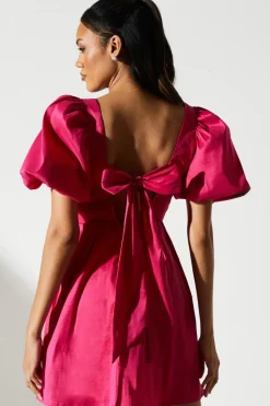 Puff Sleeve Full Skirted Mini Dress with Tie Back
