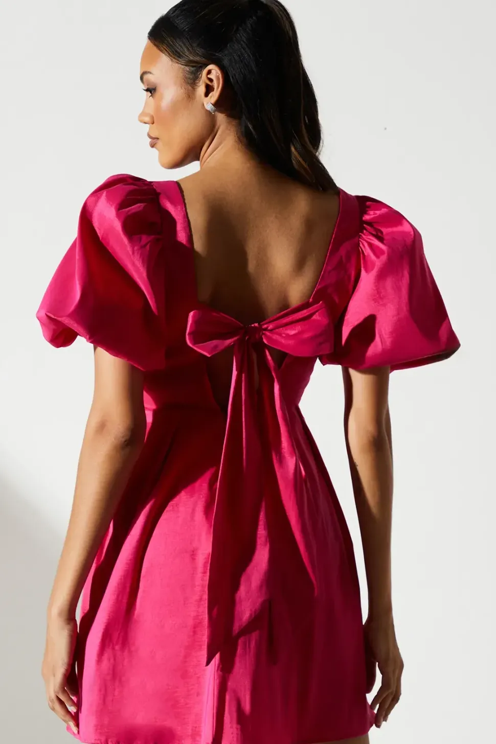 Puff Sleeve Full Skirted Mini Dress with Tie Back