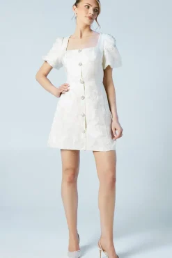 Puff Sleeve Jewel Button Bridal Mini Dress