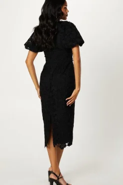 Puff Sleeve Lace Midi Dress With Trims