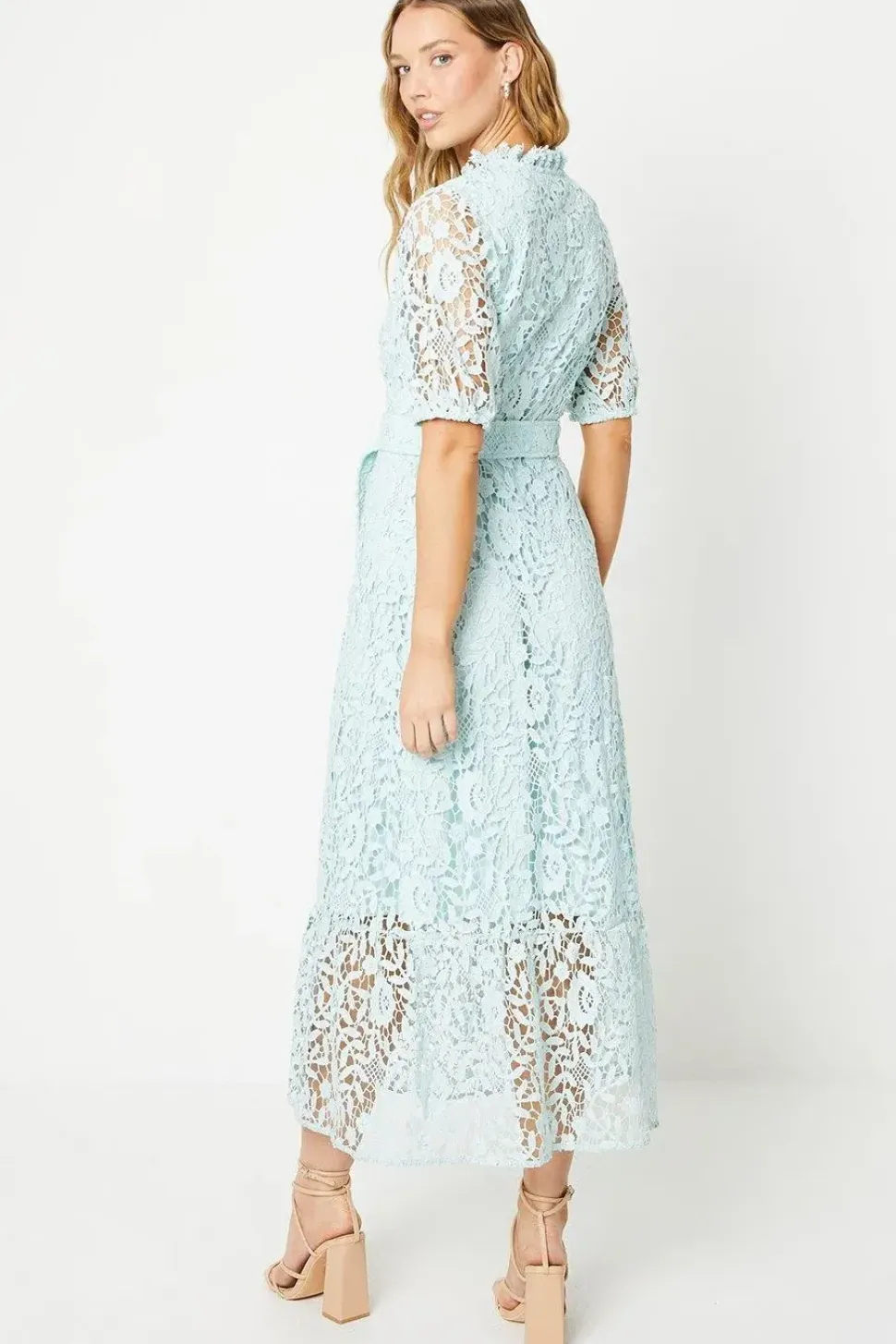 Puff Sleeve Lace Midi Shirt Dress