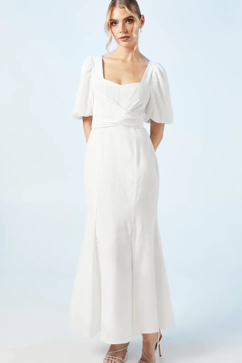 Puff Sleeve Satin Jacquard Wrap Waist Wedding Dress