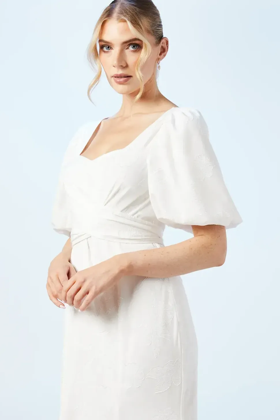 Puff Sleeve Satin Jacquard Wrap Waist Wedding Dress