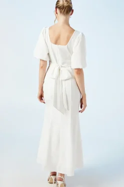 Puff Sleeve Satin Jacquard Wrap Waist Wedding Dress