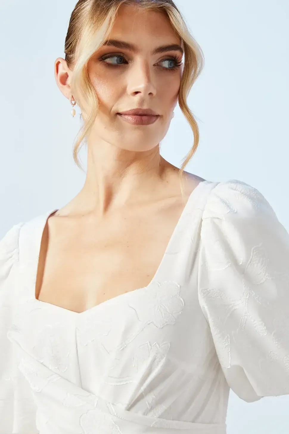 Puff Sleeve Satin Jacquard Wrap Waist Wedding Dress