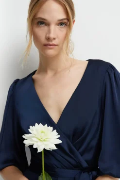 Puff Sleeve Satin Wrap Bridesmaids Dress