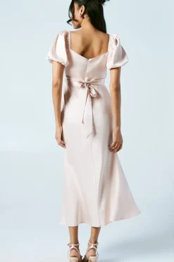 Puff Sleeve Satin Wrap Top Bridesmaids Dress