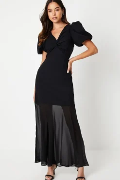 Puff Sleeve Twist Front Maxi Dress With Sheer Panel Skirt