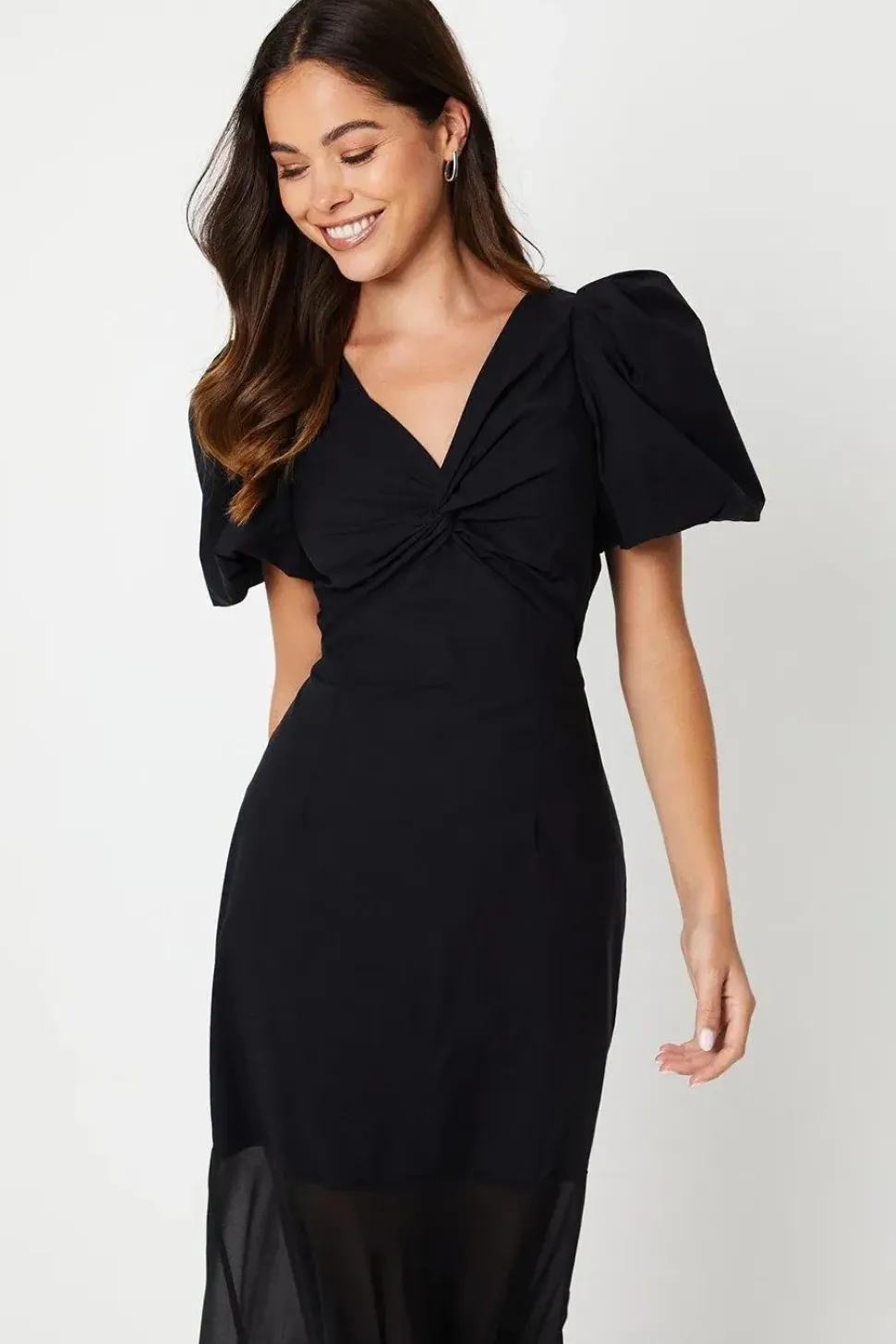 Puff Sleeve Twist Front Maxi Dress With Sheer Panel Skirt