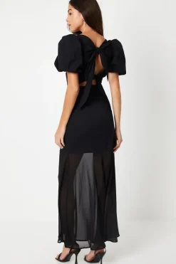 Puff Sleeve Twist Front Maxi Dress With Sheer Panel Skirt
