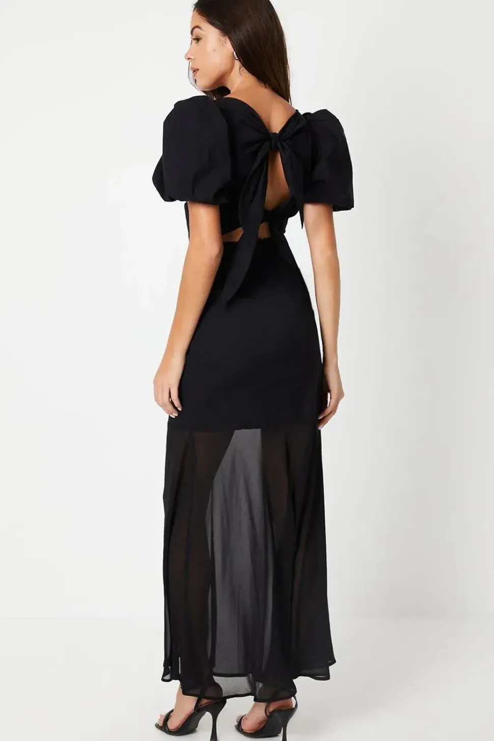 Puff Sleeve Twist Front Maxi Dress With Sheer Panel Skirt