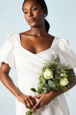 Puff Sleeve Wrap Bodice Fit And Flare Wedding Dress