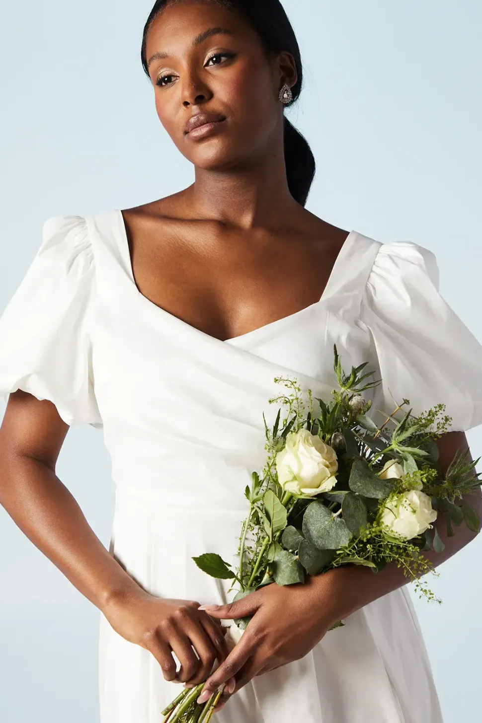 Puff Sleeve Wrap Bodice Fit And Flare Wedding Dress