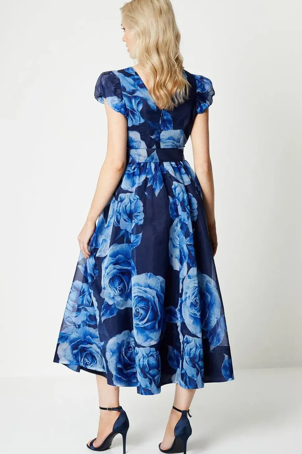 Puff Sleeve Wrap Bodice Organza Midi Dress