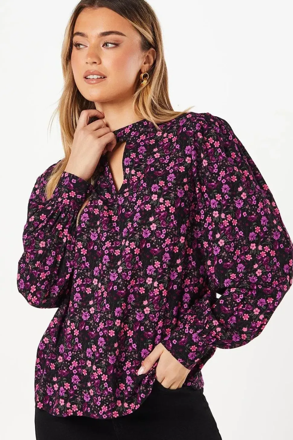Purple Ditsy Keyhole Blouse