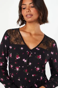 Purple Ditsy Lace Yoke Shirt Dress