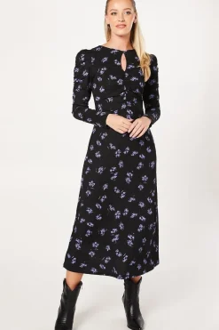 Purple Ditsy Ruched Front Keyhole Midi Dress