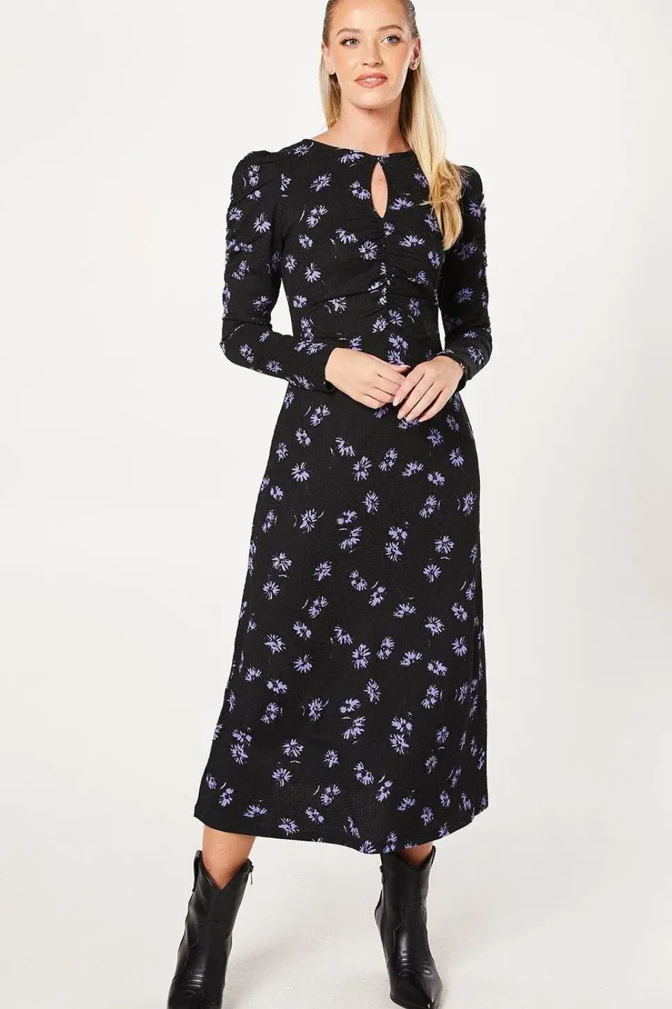 Purple Ditsy Ruched Front Keyhole Midi Dress
