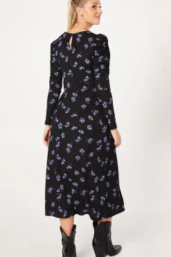 Purple Ditsy Ruched Front Keyhole Midi Dress