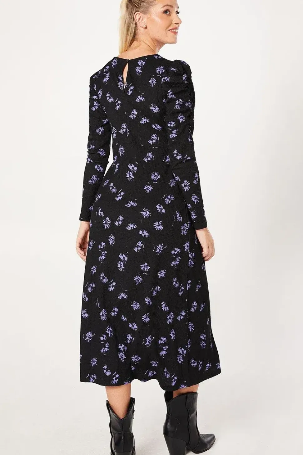 Purple Ditsy Ruched Front Keyhole Midi Dress
