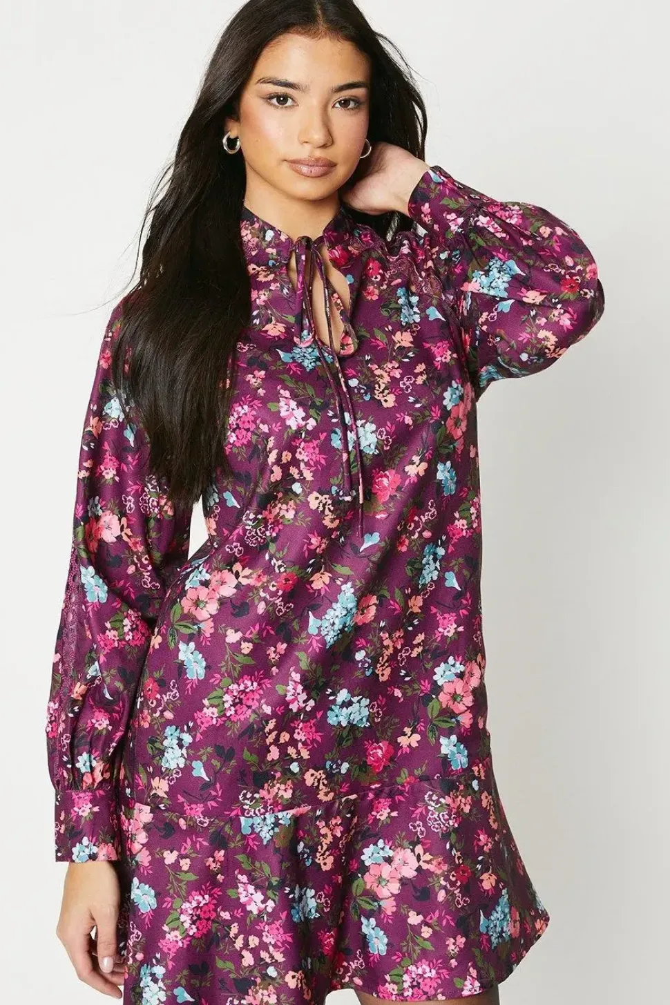 Purple Ditsy Tie Neck Lace Insert Mini Dress