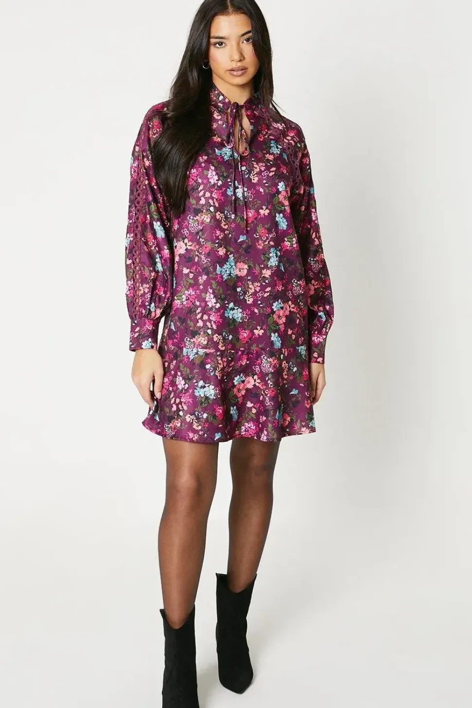 Purple Ditsy Tie Neck Lace Insert Mini Dress