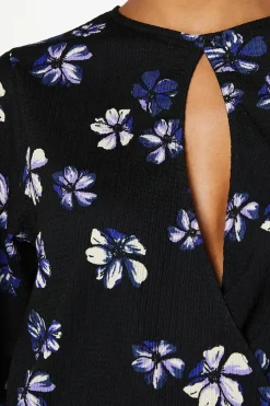 Purple Floral Keyhole Long Sleeve Wrap Top
