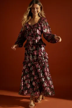 Purple Floral Ruffle Long Sleeve Chiffon Metallic Midi Dress