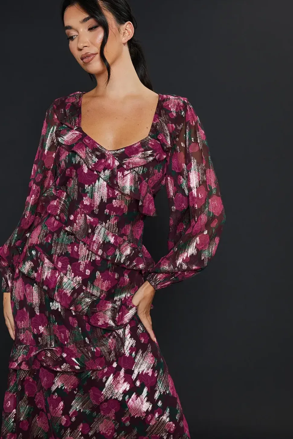 Purple Floral Ruffle Long Sleeve Chiffon Metallic Midi Dress