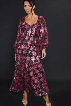 Purple Floral Ruffle Long Sleeve Chiffon Metallic Midi Dress
